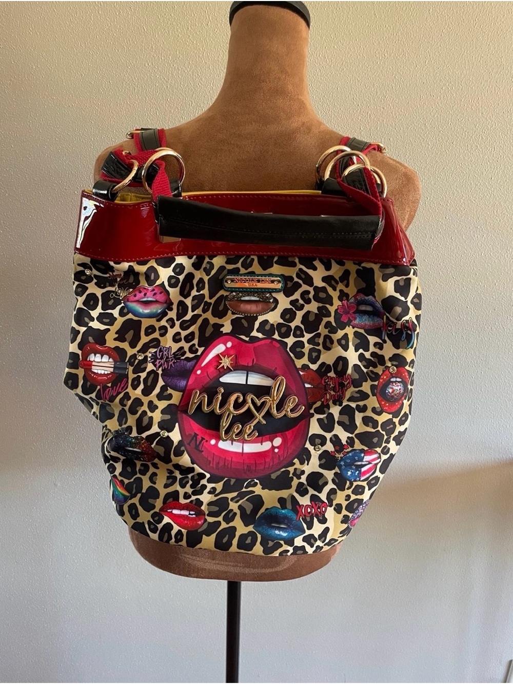 Nicole Lee Leopard Lip-Graphic Tote in Red, Black, Cream